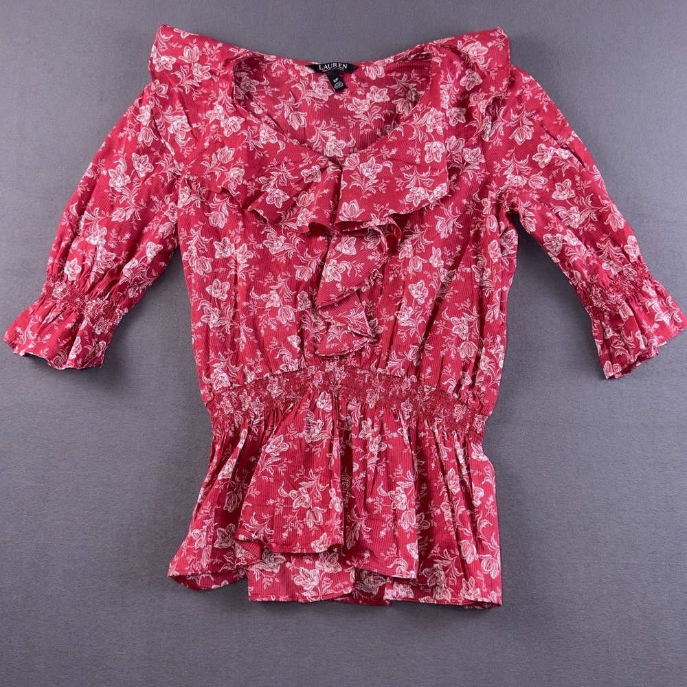 Lauren Ralph Lauren Red Floral Smocked Waist Ruffle Blouse Top S 200823454001